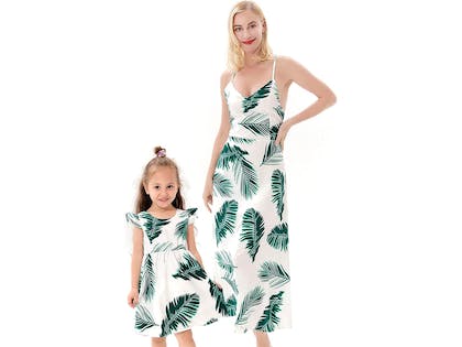 Mum and daughter matching print leaf dresses