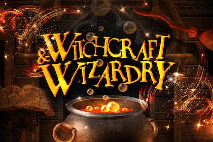 bubbling cauldron, text says 'Witchcraft & Wizardry'