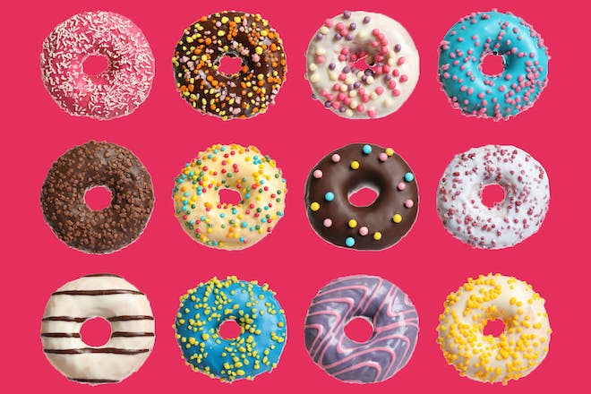 12 different coloured doughnuts