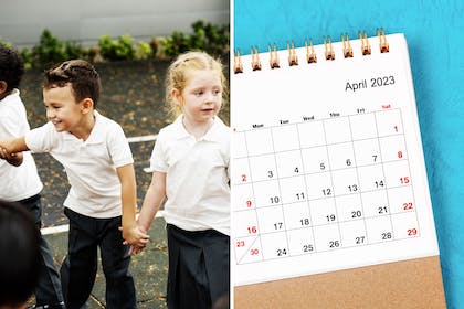 school kids in playground and april calendar