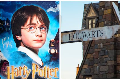 Left: A Harry Potter movie posterRight: A sign for Hogwarts 