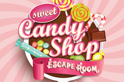 Cartoon sweets, text says Candy Shop Escape Room